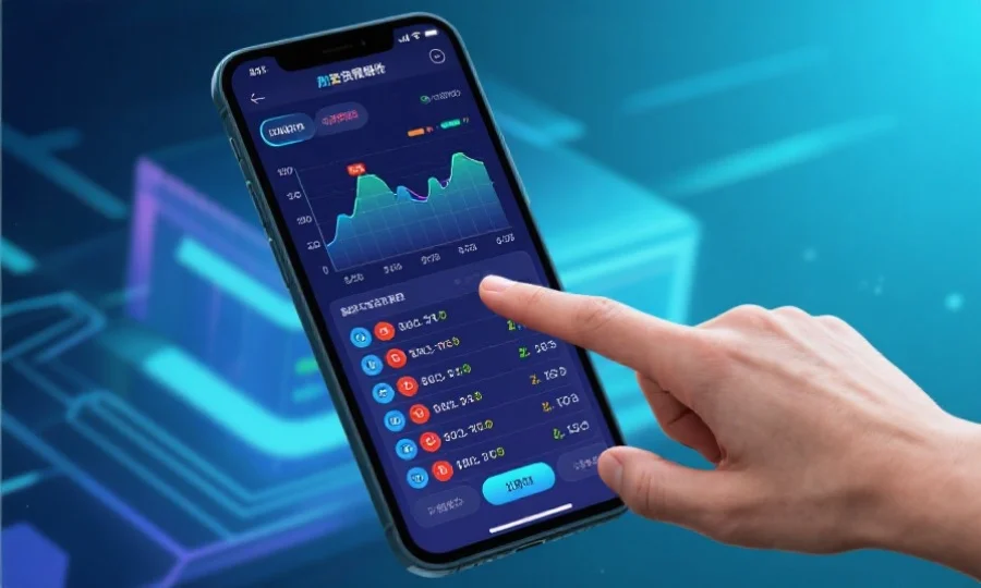 APP界面展示数据可视化图表，用户用手指滑动查看不同历史开奖信息，画面清晰科技感十足