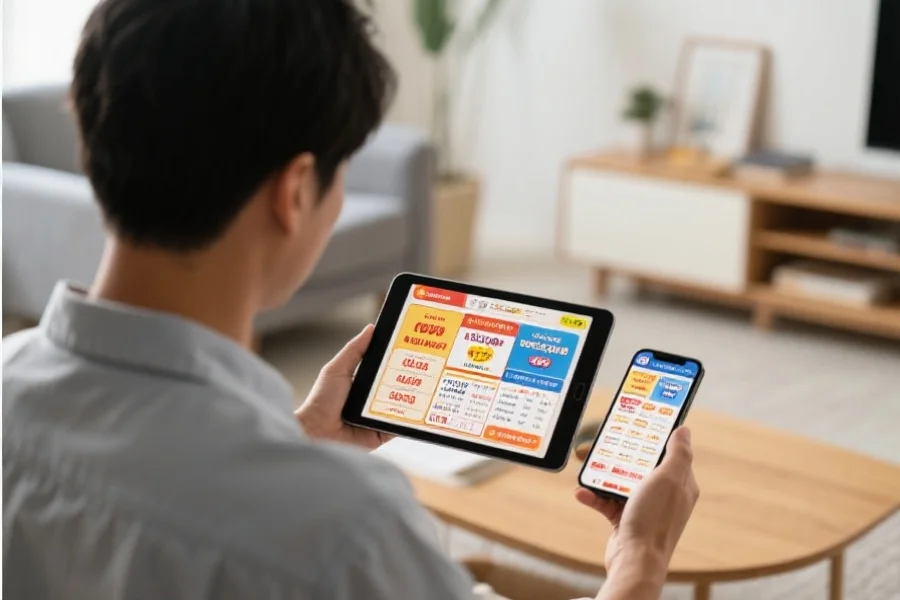 一位用户正在使用平板和手机同时浏览彩票信息，背景为现代家庭环境